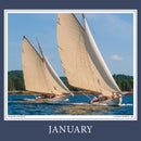 Two sailboats on a body of water with a clear blue sky and trees in the background, labeled 'January'.