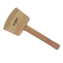 Wooden mallet with a beige head and brown handle on a white background