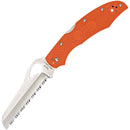 Orange folding knife with a saw blade on a white background