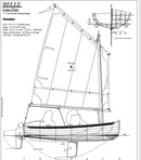 Technical drawing of a sailboat with dimensions and specifications.