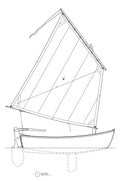 Line drawing of a sailboat with detailed rigging on a white background
