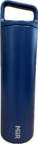 A dark blue insulated stainless steel tumbler with a matching blue carry handle lid and the brand name 'Miir' printed in white near the bottom.