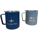 Two insulated mugs with 'WoodenBoat' branding on a white background