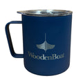 Blue mug with 'WoodenBoat' logo on a white background