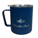 Blue mug with 'WoodenBoat' logo on a white background