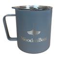Blue insulated mug with 'WoodenBoat' logo on a white background