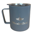 Blue insulated mug with 'WoodenBoat' logo on a white background