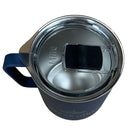 Blue insulated mug with a clear lid on a white background