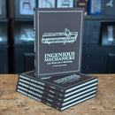 Stack of books titled 'Ingenious Mechanics' on a wooden surface with a blurred background.