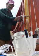 Wes with the natural canvas tool tote