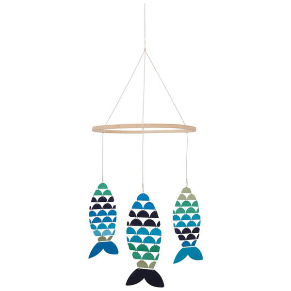 Three Fish Mobile hanging from wooden ring